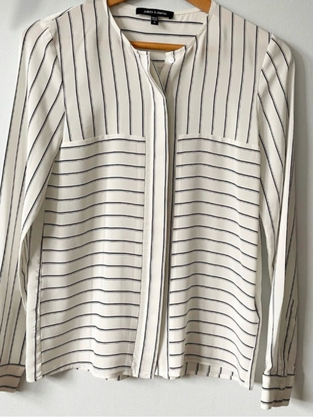 Judith & Charles Ivory Blouse with Black Stripes 100% silk.